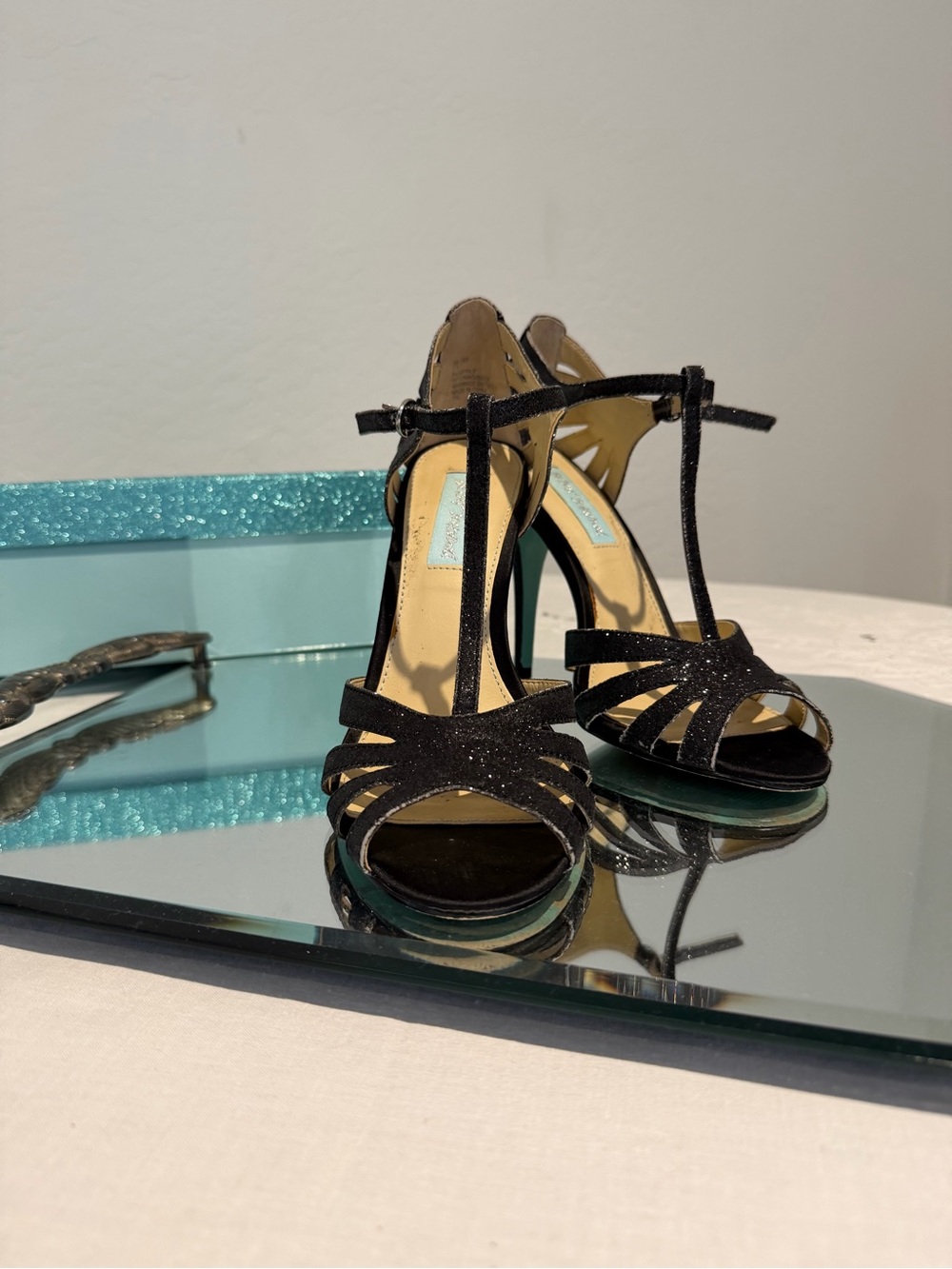 Betsey Johnson Black Glitter T-Strap Heels